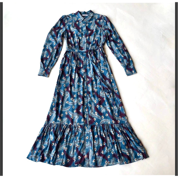 Paris Atelier & Other Stories Blue Retro Print Midi Buttons Dress Size Small - Picture 1 of 7